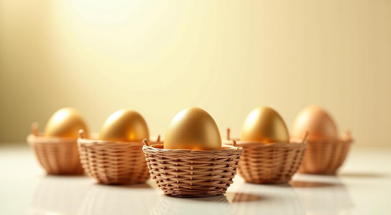 Golden eggs placed in different baskets representing diversified investments