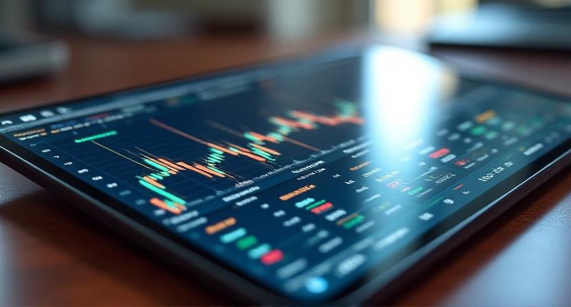 Close up of professional stock analysis charts on a tablet screen